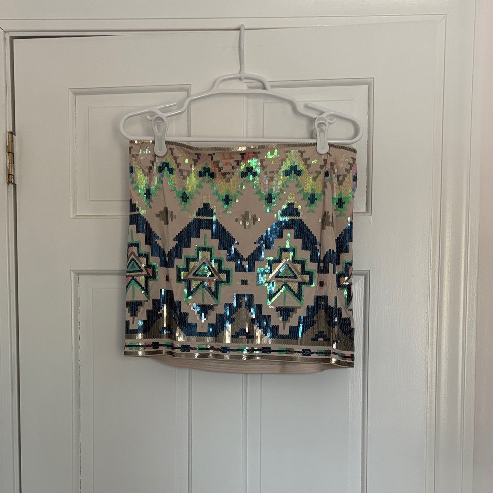 Express Sequin Mini Skirt in Beige with Blue and Green Geometric Pattern